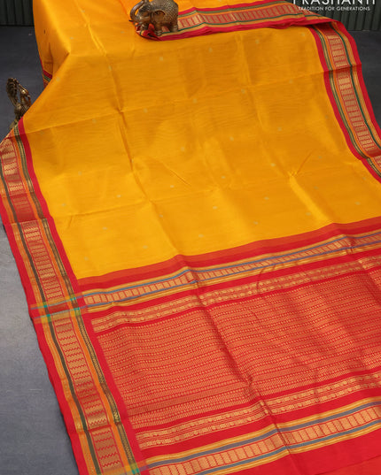 Silk cotton saree mango yellow and red with rudhraksha zari woven buttas and zari woven korvai border