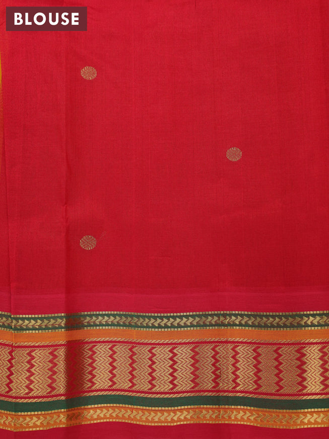 Silk cotton saree mango yellow and red with rudhraksha zari woven buttas and zari woven korvai border