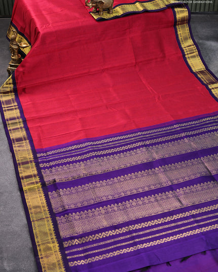 Silk cotton saree maroon and blue with allover checked pattern and zari woven korvai border