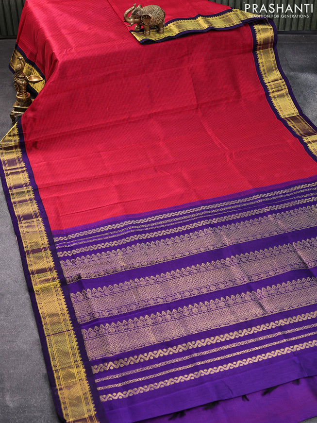 Silk cotton saree maroon and blue with allover checked pattern and zari woven korvai border