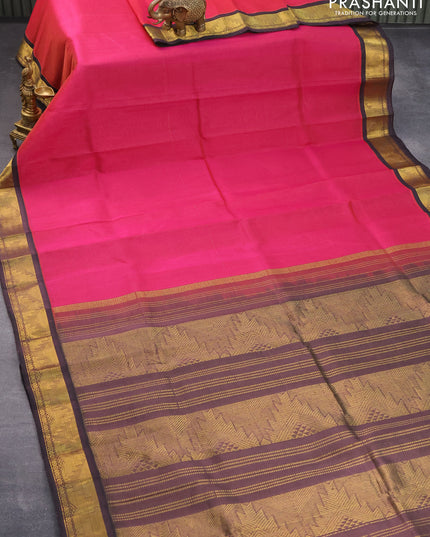 Silk cotton saree dark pink and wine shade with allover vairosi pattern and temple zari woven korvai border