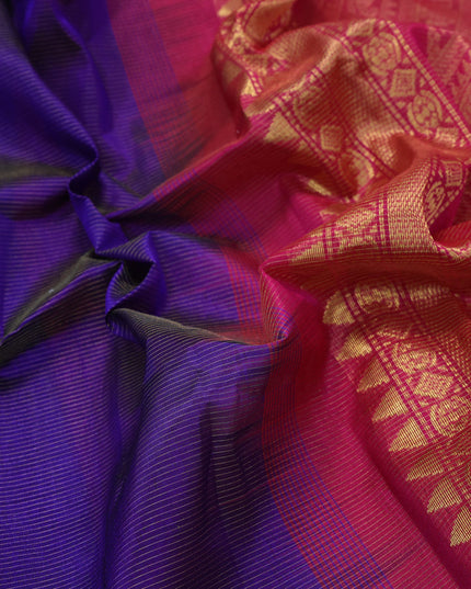 Silk cotton saree blue and pink with allover vairosi pattern and temple zari woven korvai border
