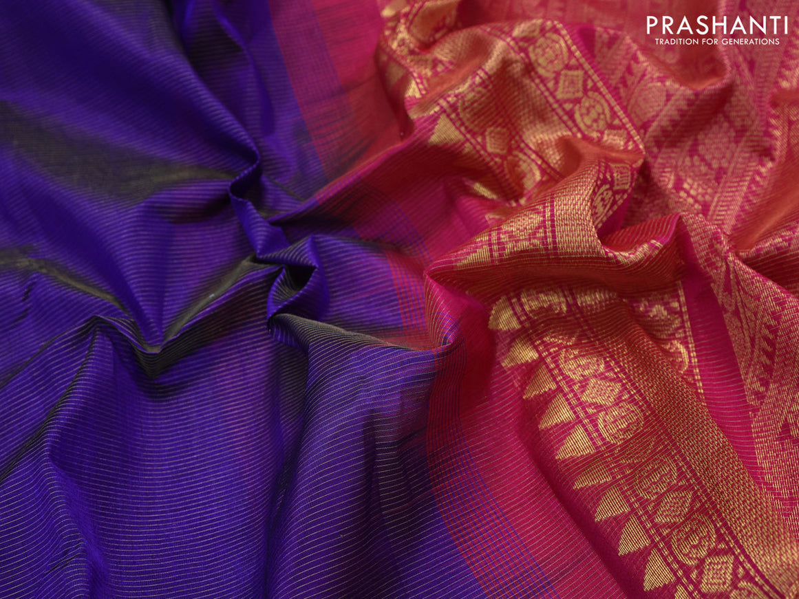 Silk cotton saree blue and pink with allover vairosi pattern and temple zari woven korvai border
