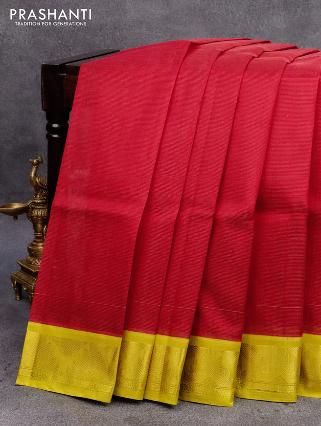 Silk cotton saree red and lime green with allover vairosi pattern and temple zari woven korvai border