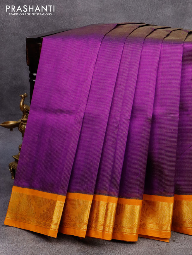 Silk cotton saree violet and mustard yellow with allover vairosi pattern and temple zari woven korvai border
