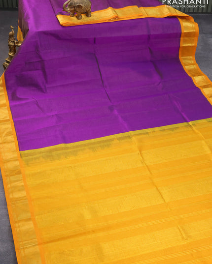 Silk cotton saree violet and mustard yellow with allover vairosi pattern and temple zari woven korvai border