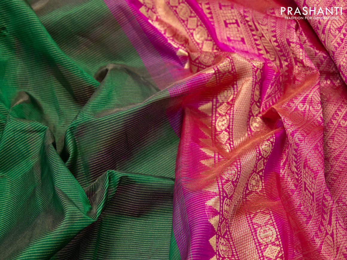 Silk cotton saree green and pink with allover vairosi pattern and temple zari woven korvai border