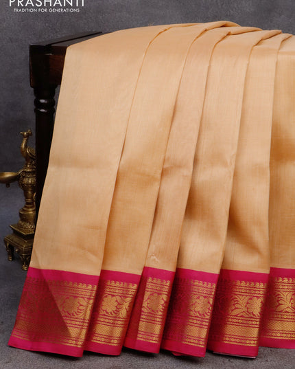 Silk cotton saree sandal and pink with plain body and zari woven korvai border