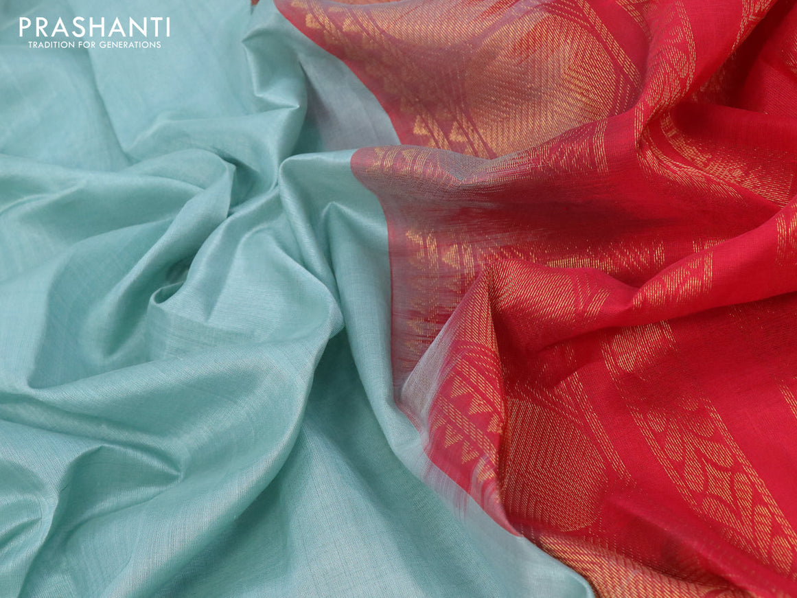 Silk cotton saree pastel blue and red with plain body and rudhraksha zari woven korvai border