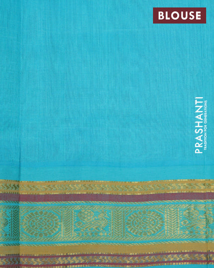 Silk cotton saree deep maroon and teal blue with plain body and zari woven korvai border