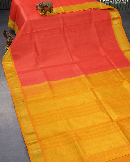 Silk cotton saree pinkish orange and mustard yellow with allover vairosi pattern and temple zari woven korvai border