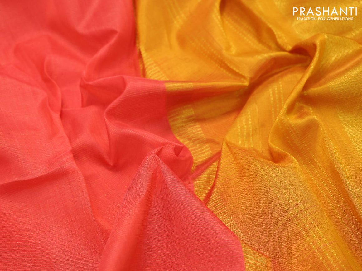 Silk cotton saree pinkish orange and mustard yellow with allover vairosi pattern and temple zari woven korvai border