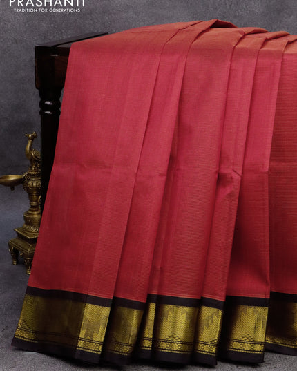 Silk cotton saree dark pink and black with allover vairosi pattern and temple zari woven korvai border