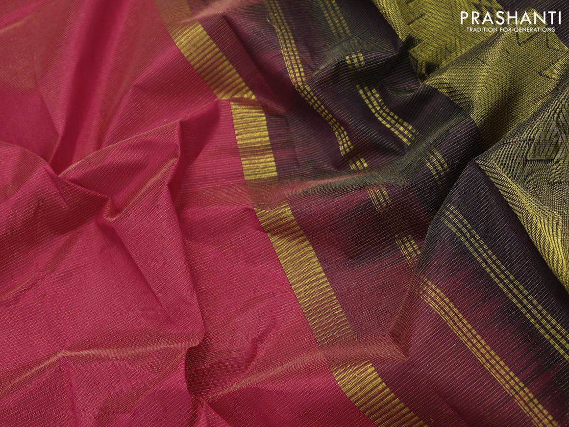 Silk cotton saree dark pink and black with allover vairosi pattern and temple zari woven korvai border