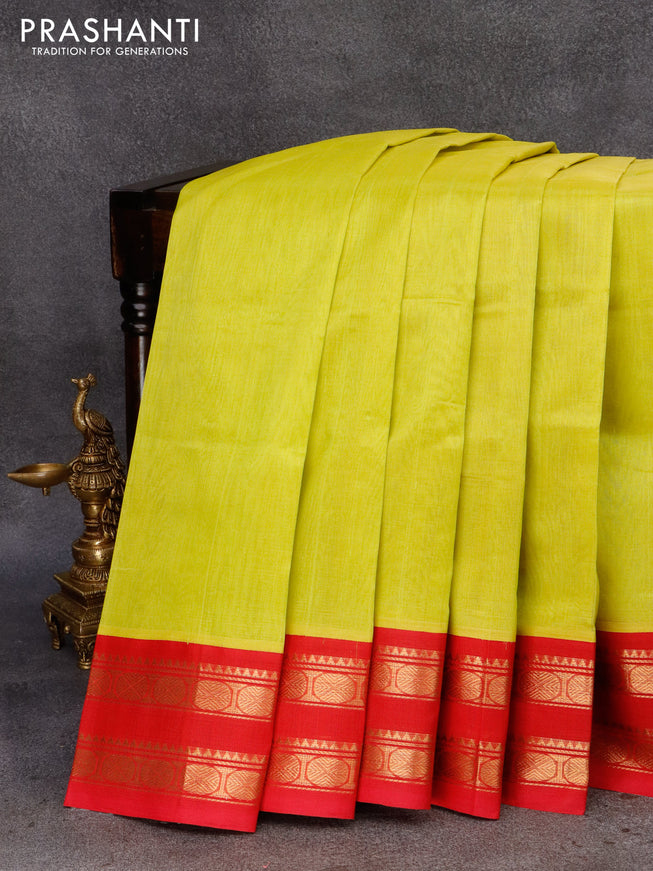 Silk cotton saree lime yellow and red with plain body and rettapet zari woven korvai border
