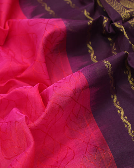 Silk cotton saree pink and jamun shade with allover self emboss jacquard and rettapet zari woven korvai border