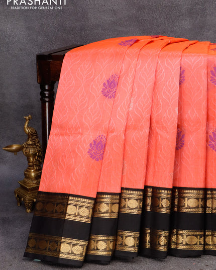 Silk cotton saree peach pink and black with allover self emboss & zari woven buttas and rettapet zari woven korvai border