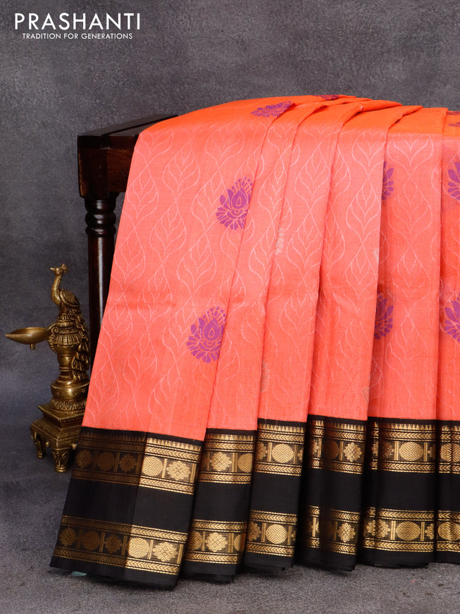 Silk cotton saree peach pink and black with allover self emboss & zari woven buttas and rettapet zari woven korvai border