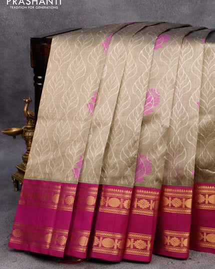 Silk cotton saree dark beige and purple with allover self emboss & zari woven buttas and rettapet zari woven korvai border