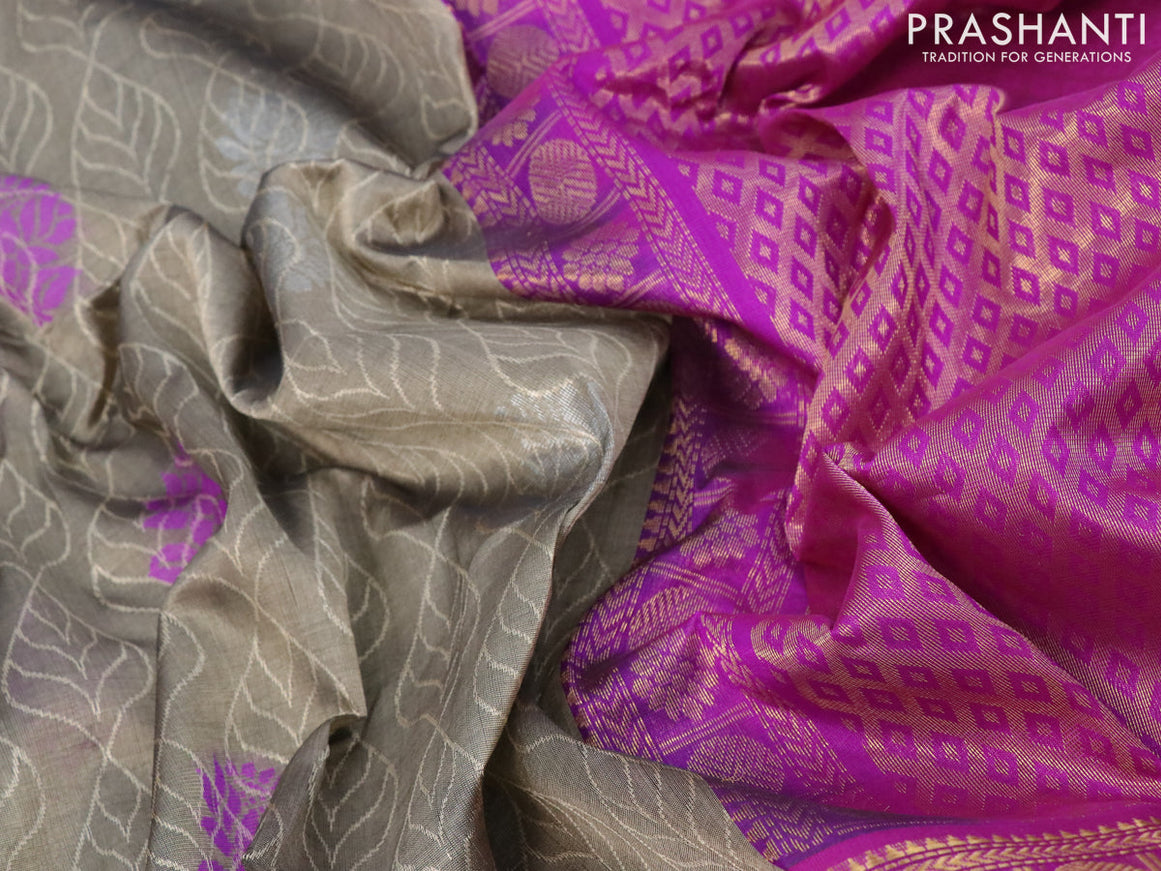 Silk cotton saree dark beige and purple with allover self emboss & zari woven buttas and rettapet zari woven korvai border