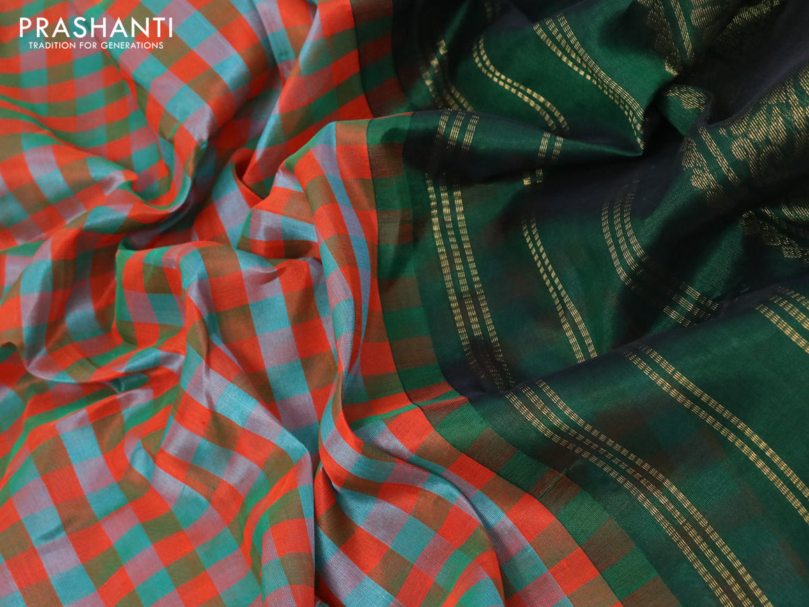 Silk cotton saree orange teal blue and green with paalum pazhamum checks and zari woven korvai border