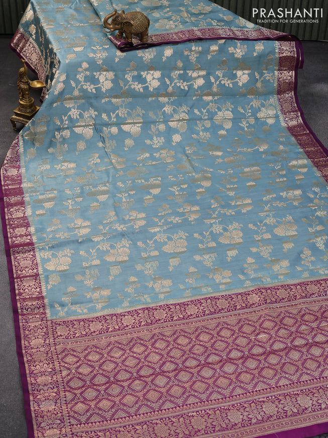 Chiniya silk saree bluish grey and purple with allover zari woven floral weaves and zari woven border