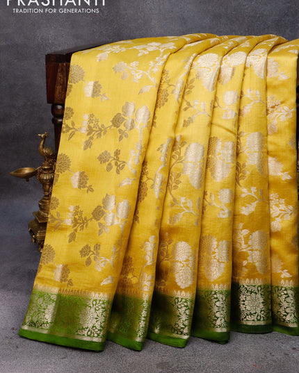 Chiniya silk saree yellow and green with allover zari woven floral weaves and zari woven border