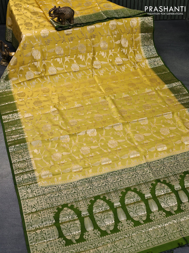 Chiniya silk saree yellow and green with allover zari woven floral weaves and floral zari woven border