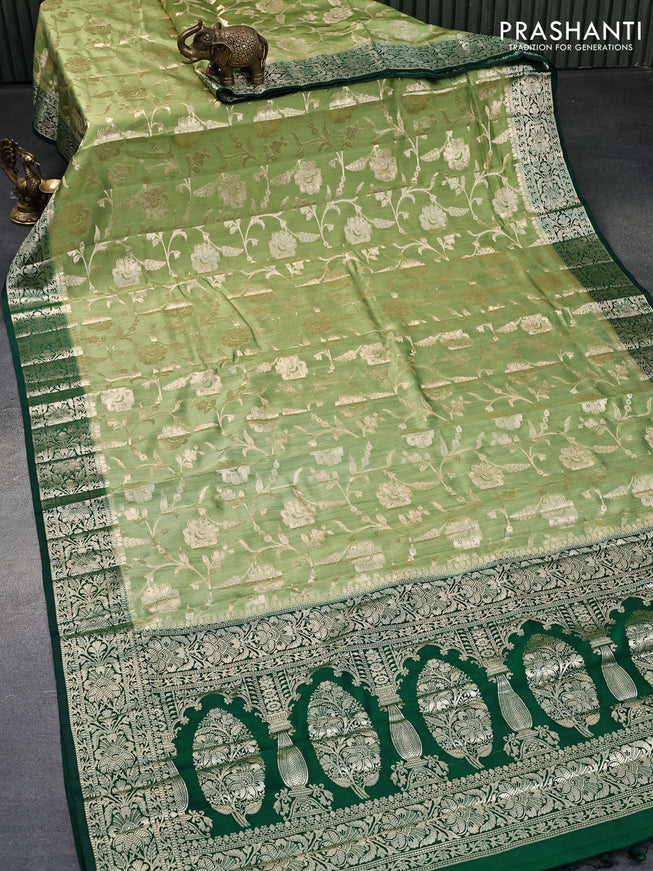 Chiniya silk saree pastel green and green with allover zari woven floral weaves and floral zari woven border
