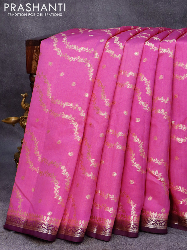 Chiniya silk saree pink and purple with allover zari weaves and small zari woven border