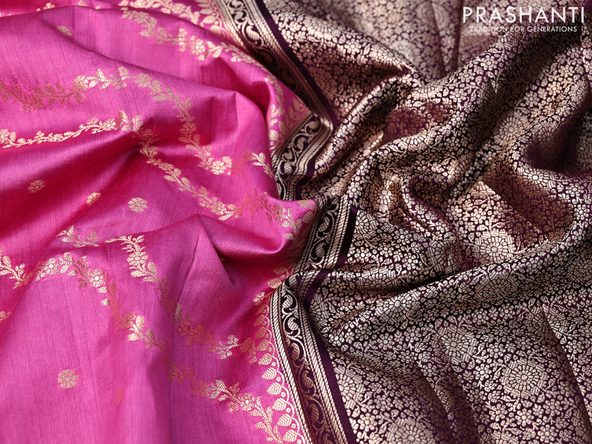Chiniya silk saree pink and purple with allover zari weaves and small zari woven border