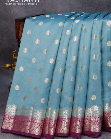 Chiniya silk saree grey and purple with zari woven buttas and floral design zari woven border