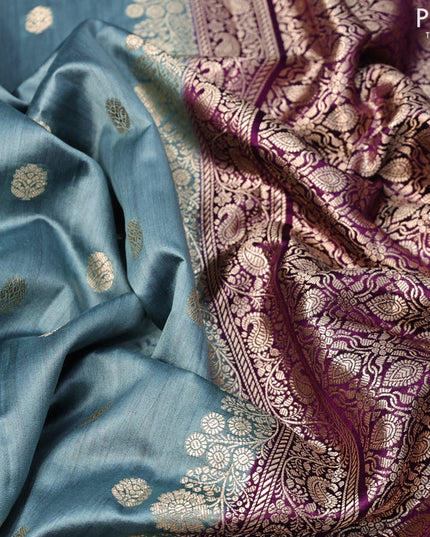 Chiniya silk saree grey and purple with zari woven buttas and floral design zari woven border