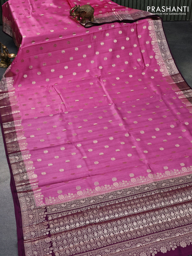 Chiniya silk saree pink and purple with zari woven buttas and floral design zari woven border