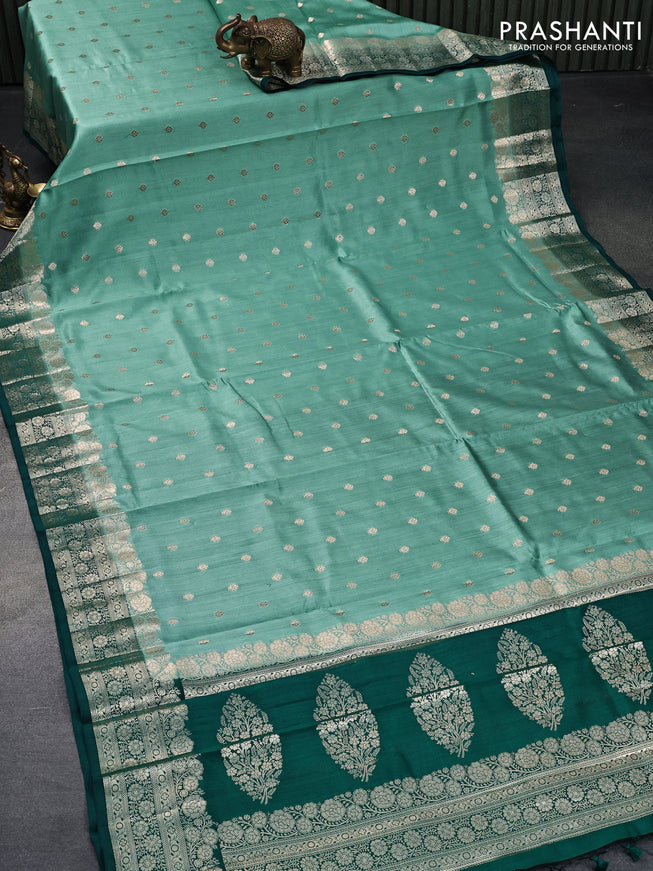 Chiniya silk saree pastel shade of green and preacock green with zari woven buttas and floral design zari woven border
