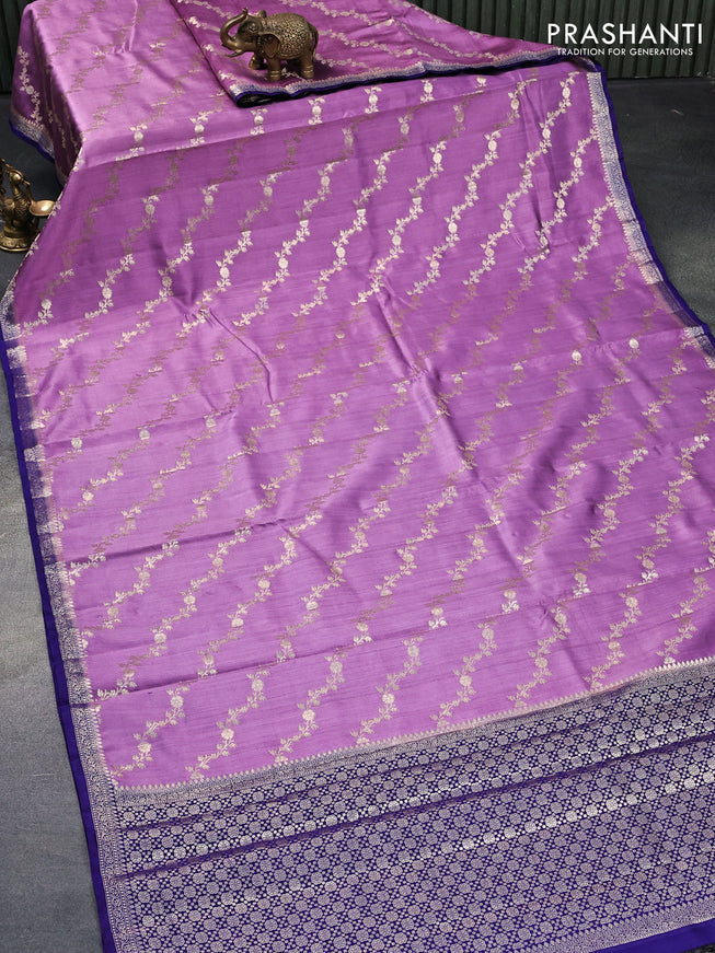 Chiniya silk saree mild purple and blue with allover zari weaves and small zari woven border