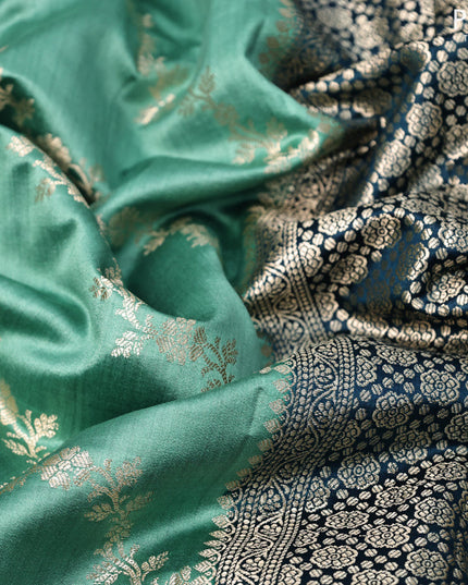 Chiniya silk saree teal shade and peacock blue with allover zari weaves and small zari woven border
