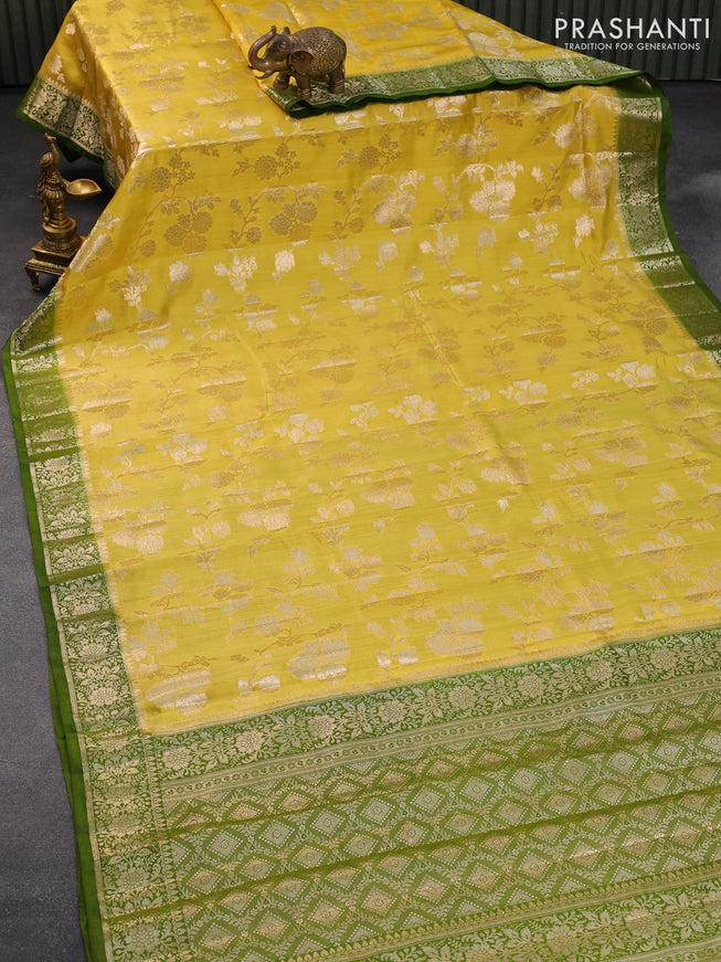 Chiniya silk saree yellow and green with allover floral zari weaves and zari woven border