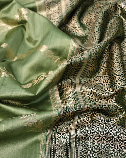 Chiniya silk saree pastel green and green with allover floral zari weaves and zari woven border