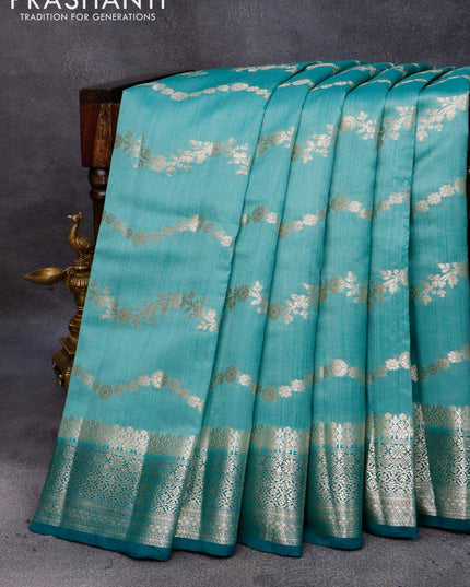 Chiniya silk saree pastel blue and peacock green with allover floral zari weaves and zari woven border