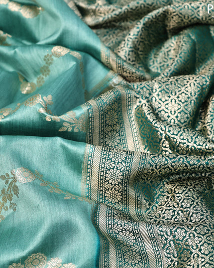 Chiniya silk saree pastel blue and peacock green with allover floral zari weaves and zari woven border