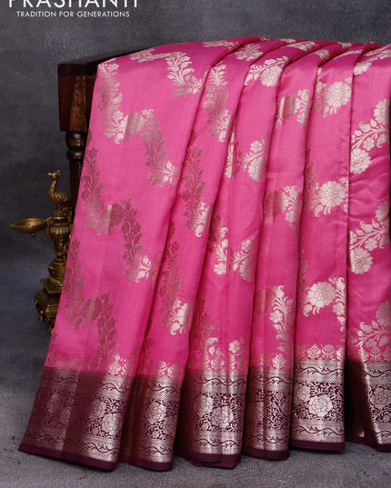 Chiniya silk saree light pink and dark magenta pink with allover floral zari weaves and zari woven border