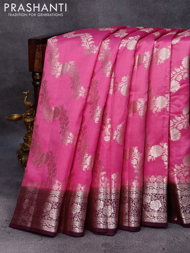 Chiniya silk saree light pink and dark magenta pink with allover floral zari weaves and zari woven border