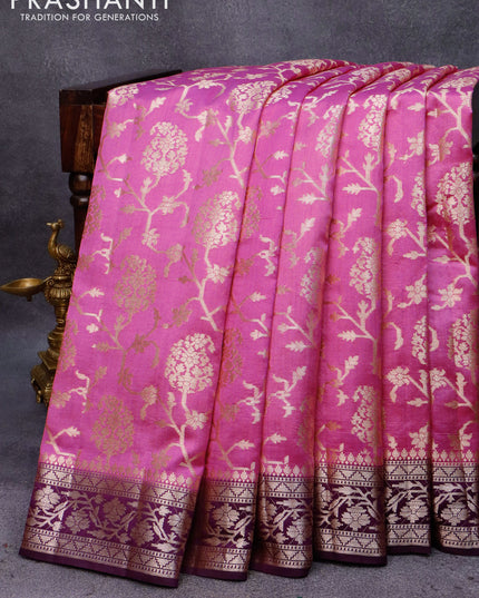 Chiniya silk saree light pink and deep purple with allover zari weaves and zari woven border