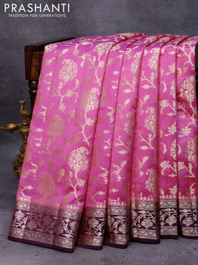 Chiniya silk saree light pink and deep purple with allover zari weaves and zari woven border