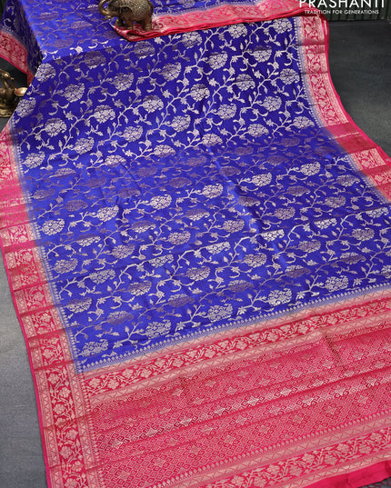 Chiniya silk saree royal blue and candy pink with allover zari weaves and zari woven border