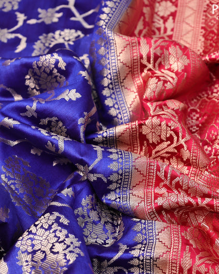 Chiniya silk saree royal blue and candy pink with allover zari weaves and zari woven border