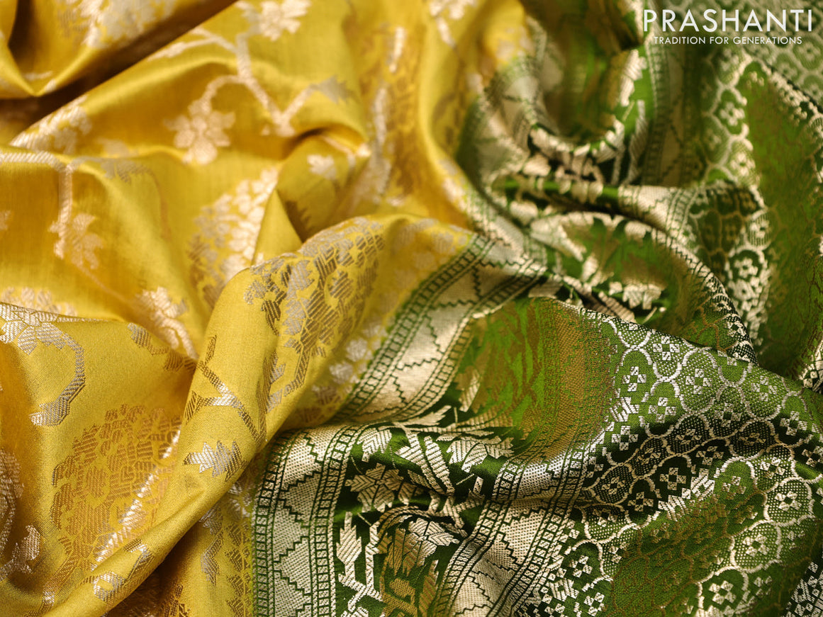 Chiniya silk saree yellow and green with allover zari weaves and zari woven border