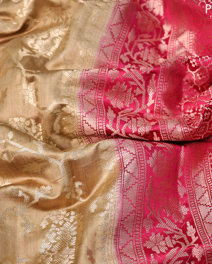 Chiniya silk saree sandal and pink with allover zari weaves and zari woven border