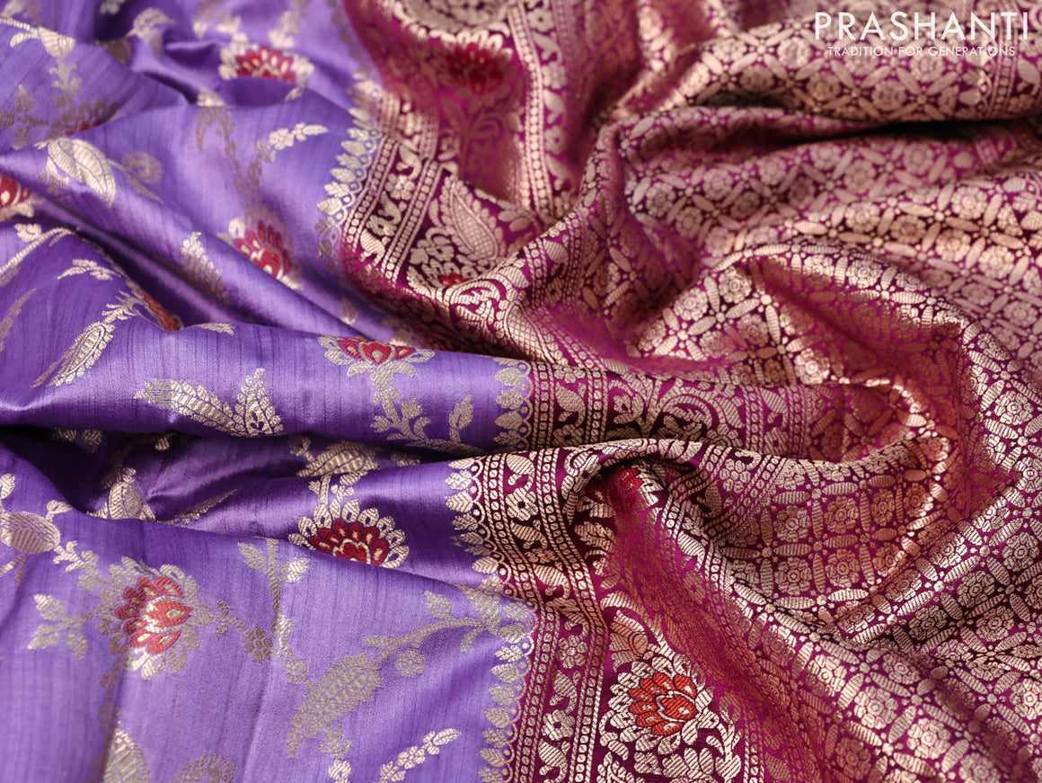 Chiniya silk saree lavender shade and purple with allover floral zari weaves and zari woven border